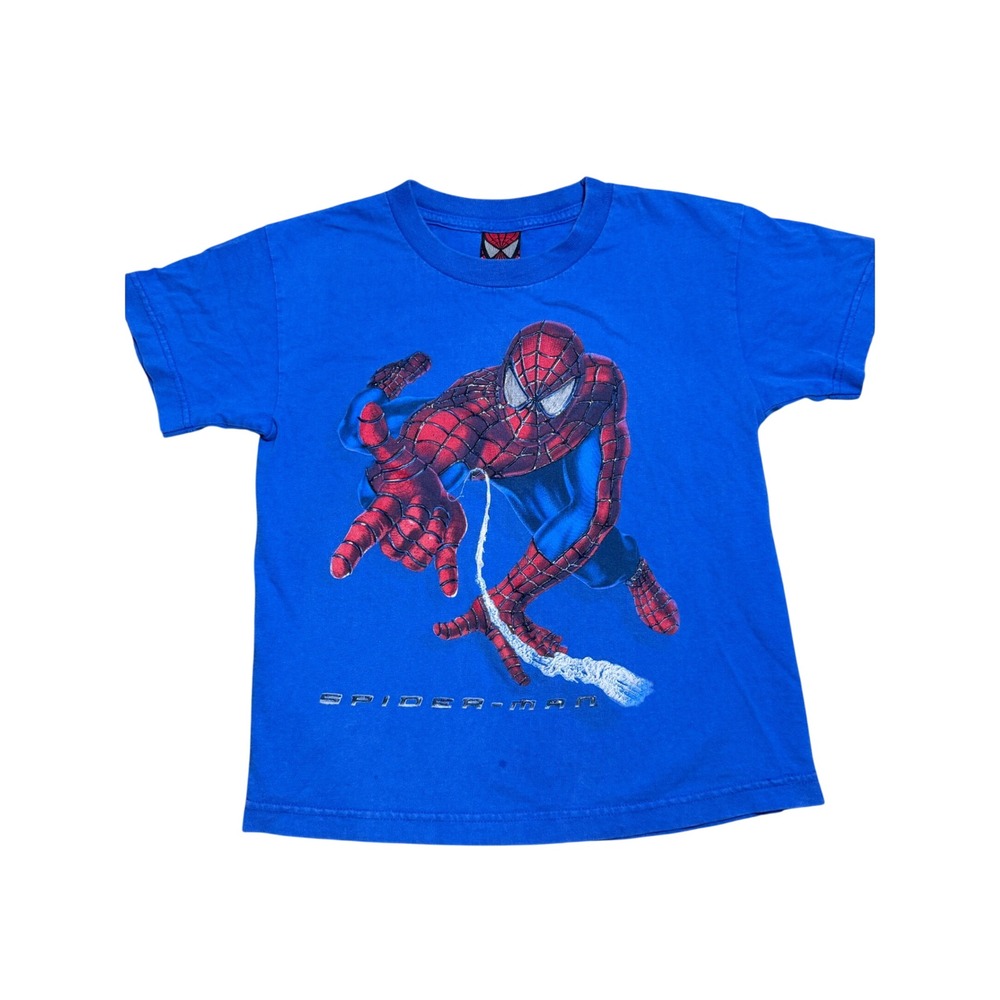 Vintage 2002 Spider-Man Movie Promo T-Shirt Kids Small Blue Marvel Graphic Tee